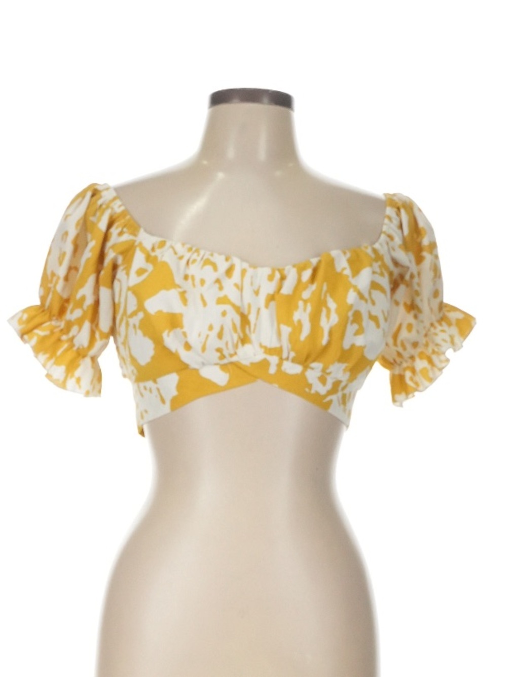 Luxxel Abstract Yellow On or Off-the-Shoulder Smocked Crop Top -Size Medium